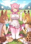  3girls ;d ^_^ animal_ear_fluff animal_ears apron apron_lift bare_shoulders blonde_hair boots bow bowtie brown_hair brown_skirt center_frills closed_eyes commentary_request day dhole_(kemono_friends) eating elbow_gloves extra_ears facing_away food food_on_face gloves grass hand_up highres isuna japari_bun kemono_friends kemono_friends_3 kneeling knees_together_feet_apart lifted_by_self looking_at_viewer multiple_girls musical_note nature official_art ok_sign one_eye_closed open_mouth outdoors panther_ears panther_tail pantyhose peach_panther_(kemono_friends) pink_bow pink_footwear pink_hair pink_neckwear print_gloves print_legwear print_neckwear print_skirt serval_(kemono_friends) serval_ears serval_print shirt shoes short_hair sitting skirt sleeveless sleeveless_shirt smile star_(symbol) thigh-highs thighband_pantyhose white_footwear white_gloves white_legwear white_shirt yellow_eyes 