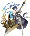  1girl alice_(sinoalice) armored_boots bare_shoulders boots dark_blue_hair eyebrows_visible_through_hair full_body gauntlets hairband huge_weapon ji_no looking_at_viewer official_art pale_skin pocket_watch polearm short_hair sinoalice solo spear tattoo thigh-highs thigh_boots transparent_background watch weapon yellow_eyes 