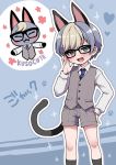  1boy :3 adjusting_eyewear bangs black_legwear blonde_hair blush cat_boy character_name collared_shirt doubutsu_no_mori extra_ears fang fangs full_body green_eyes hair_between_eyes heterochromia highres inset jack_(doubutsu_no_mori) looking_at_viewer male_focus multicolored_hair necktie open_mouth personification shirt shorts silver_hair smile socks solo two-tone_hair usagigenki vest white_shirt yellow_eyes 