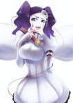  1girl arrancar bleach breasts cirucci_sanderwicci dress elbow_gloves facial_mark fake_wings finger_to_tongue fingerless_gloves gloves hair_ornament highres holding_whip large_breasts medium_hair puffy_short_sleeves puffy_sleeves purple_hair short_dress short_sleeves short_twintails simple_background solo sumire_1046 tongue tongue_out twintails violet_eyes whip white_background white_dress white_gloves wings 