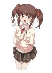  1girl :d blush bow bowtie brown_eyes brown_hair collared_shirt cropped_legs eyebrows_visible_through_hair hair_ribbon hands_clasped idolmaster idolmaster_cinderella_girls looking_at_viewer ogata_chieri open_mouth own_hands_together pleated_skirt red_neckwear red_ribbon ribbon shirt sidelocks signature simple_background skirt smile solo sweater twintails tyuga 