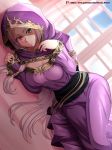  1girl absurdres dress fire_emblem fire_emblem:_the_binding_blade green_eyes heterochromia highres hood hood_up idunn_(fire_emblem) long_hair long_sleeves lying on_side parted_lips purple_hair red_eyes solo vilde_loh_hocen watermark web_address window 