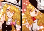  1girl bangs black_dress blonde_hair bow braid buttons dress eyebrows_visible_through_hair hair_bow hat hat_bow himari-san_yanaika kirisame_marisa pink_ribbon puffy_sleeves red_ribbon ribbon shirt short_sleeves side_braid single_braid smile star_(symbol) touhou upper_body v white_bow white_ribbon white_shirt witch_hat yellow_eyes 