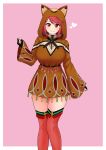  1girl absurdres animal_hood bangs blush breasts brown_hood brown_hoodie feet_out_of_frame heart highres pyra_(xenoblade) hood large_breasts long_sleeves looking_at_viewer pink_background red_eyes red_legwear redhead short_hair smile solo swept_bangs the_only_shoe thigh-highs xenoblade_(series) xenoblade_2 