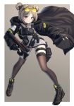  1girl blush bullpup double_bun eyewear_on_head girls_frontline gun highres kawara_pigeon light_brown_hair p90 p90_(girls_frontline) red_eyes short_hair skindentation smile solo submachine_gun thigh-highs thigh_strap weapon 