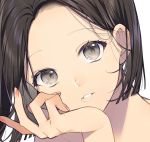  1girl absurdres black_eyes brown_hair close-up commentary_request eyebrows eyelashes fingernails head_rest head_tilt highres looking_at_viewer nail_polish original red_nails short_hair sogawa solo white_background 