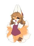  1girl animal_ears apron blush brown_eyes brown_hair chibi double_v eyebrows_visible_through_hair fang fox_ears fox_tail full_body furry highres jupiter_europe long_sleeves looking_at_viewer one_eye_closed open_mouth original smile solo tail v 