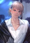  androgynous blonde_hair collarbone earrings head_tilt highres jacket jewelry kilye_4421 looking_at_viewer mole mole_under_eye original outdoors ponytail scar shirt short_hair smile white_hair yellow_eyes 