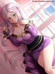  1girl absurdres dress fire_emblem fire_emblem:_the_binding_blade green_eyes heterochromia highres idunn_(fire_emblem) long_hair long_sleeves lying on_side parted_lips pointy_ears purple_hair red_eyes solo vilde_loh_hocen watermark web_address window 