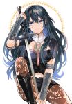  1girl alternate_hair_length alternate_hairstyle black_shorts blue_eyes blue_hair byleth_(fire_emblem) byleth_eisner_(female) closed_mouth fire_emblem fire_emblem:_three_houses highres holding holding_sword holding_weapon long_hair navel_cutout pantyhose short_shorts short_sleeves shorts smile solo sword umou_(user_xxhp7583) weapon 
