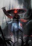  android commentary cyclops esuthio forest highres looking_at_viewer mecha nature no_humans one-eyed original photoshop_(medium) red_eyes robot samurai science_fiction smoke solo 