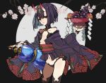  1girl bob_cut cup fate/grand_order fate_(series) horns ihako oni oni_horns purple_hair sakazuki short_hair shuten_douji_(fate/grand_order) smile solo violet_eyes 