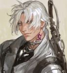  1boy bangs choker final_fantasy final_fantasy_xiv frischenq grey_eyes gunblade hyur jacket looking_at_viewer male_focus neck_tattoo open_clothes open_jacket short_hair simple_background solo tattoo thancred_waters weapon white_hair wind 