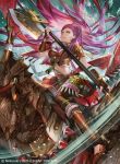  1girl axe bracelet brown_eyes company_name copyright_name dragon earrings fire_emblem fire_emblem:_three_houses fire_emblem_cipher high_heels holding holding_axe jewelry kyouka_hatori long_hair official_art parted_lips petra_macneary ponytail purple_hair riding solo wyvern 