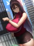  1girl absurdres bag bangs bare_shoulders black_skirt blue_sky breasts brown_eyes brown_hair building cityscape closed_mouth clouds commentary_request covered_nipples dutch_angle glasses hair_between_eyes handbag highres huge_breasts long_hair miniskirt oekakizuki office_lady original outdoors railing red_shirt ribbed_shirt rooftop shirt skirt sky skyscraper sleeveless sleeveless_shirt thighs turtleneck watch 
