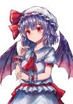  1girl absurdres ascot bat_wings bow brooch cravat dress eyes_visible_through_hair frilled_shirt frilled_shirt_collar frilled_sleeves frills hand_up hat hat_ribbon highres jewelry lavender_hair mob_cap puffy_short_sleeves puffy_sleeves purple_hair red_bow red_eyes red_ribbon remilia_scarlet ribbon ribbon_trim sash shirt short_hair short_sleeves simple_background suzushina touhou white_background white_dress wings wrist_cuffs 