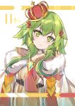  1girl bangs blush bobo_(6630978) brooch brown_dress cloak commentary_request crown dress eyebrows_visible_through_hair fur-trimmed_cloak fur_trim glint green_eyes green_hair gumi hair_between_eyes hair_ornament head_tilt jewelry long_hair looking_at_viewer low_twintails parted_lips solo tilted_headwear twintails upper_body vocaloid white_background white_cloak 