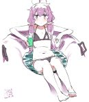  1girl :&lt; ahoge bangs barefoot bikini black_bikini blush closed_mouth cup dated eyebrows_visible_through_hair flat_chest full_body hair_ornament holding holding_cup innertube purple_hair rkrk short_hair_with_long_locks side-tie_bikini signature simple_background sitting solo swimsuit violet_eyes vocaloid voiceroid water white_background yuzuki_yukari 