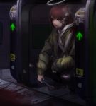  1girl absurdres bangs baseball_bat blood blood_splatter bomber_jacket brown_hair cigarette halo highres jacket looking_down original rakugaki_suruhito red_eyes short_hair smoking solo squatting thick_lips train_station turnstile white_hoodie wrench 