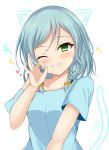  1girl bang_dream! bangs blue_hair blue_shirt blush bow braid breasts collarbone commentary_request drawn_ears drawn_tail eyebrows_visible_through_hair green_eyes grin hair_between_eyes hair_bow hand_up heart hikawa_hina looking_at_viewer ok_sign one_eye_closed shirt short_sleeves small_breasts smile solo sonosakiburi sparkle swept_bangs twin_braids upper_body yellow_bow 