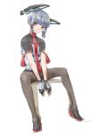  1boy absurdres alternate_hair_length alternate_hairstyle bangs black_legwear black_shorts blunt_bangs dated eyebrows_visible_through_hair fudeyama_(fudeco) full_body genderswap genderswap_(ftm) gloves grey_hair headgear high_heels highres kantai_collection male_focus murakumo_(kantai_collection) necktie orange_eyes pantyhose red_neckwear shadow short_sleeves shorts simple_background sitting smile solo tassel white_background 