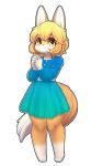  1girl animal_ears blue_dress blush bra_strap brown_eyes brown_hair closed_mouth collarbone dress eyebrows_visible_through_hair fox_ears fox_girl fox_tail furry hands_clasped highres jupiter_europe looking_at_viewer original own_hands_together revision short_hair smile solo tail 