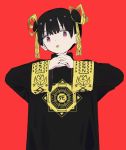  1girl bangs black_hair black_nails double_bun hands_together highres limited_palette long_sleeves oisp original red_background simple_background solo tongue tongue_out upper_body violet_eyes wide_sleeves 