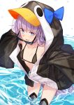  1girl animal_hood bikini black_bikini blue_eyes breasts choker fate/grand_order fate_(series) highres hood m-ya meltryllis meltryllis_(swimsuit_lancer)_(fate) penguin_hood purple_hair removing_eyewear sleeves_past_fingers sleeves_past_wrists small_breasts sunglasses swimsuit wading water 