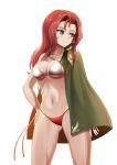  1girl absurdres artist_name bikini breasts cape collared_cape cowboy_shot girls_und_panzer green_cape green_eyes hair_intakes hand_on_hip highres long_hair looking_to_the_side maiko_(girls_und_panzer) medium_breasts mismatched_bikini navel on_shoulder red_bikini redhead signature solo string_bikini swimsuit white_bikini ydg_(eorbsaos1004) 