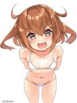  1girl alternate_costume bikini brown_eyes brown_hair collarbone commentary_request cowboy_shot flat_chest hair_ornament hairclip highres ikazuchi_(kantai_collection) kantai_collection leaning_forward looking_at_viewer navel short_hair simple_background solo swimsuit takase_muu twitter_username white_background white_bikini 