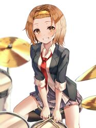  1girl absurdres black_jacket black_legwear breasts brown_hair collared_shirt commentary_request drum drum_set drumsticks feet_out_of_frame forehead hair_intakes hairband highres holding huge_filesize instrument jacket k-on! kerno kneehighs miniskirt necktie open_clothes open_jacket orange_hairband pleated_skirt purple_skirt red_neckwear shirt short_hair short_sleeves simple_background sitting skirt solo stool tainaka_ritsu white_background white_shirt wing_collar 