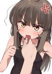  1girl anger_vein bangs blush brown_hair eyebrows_visible_through_hair highres long_hair mole mole_under_eye nakta original simple_background solo_focus tongue tongue_grab tongue_out upper_body yellow_eyes 