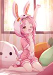  1girl animal_ears animal_hood arm_up barefoot bed bedroom braid brown_eyes bunny_tail curtains fake_animal_ears hand_to_own_mouth highres hood indoors kneeling long_hair mimi_(princess_connect!) one_eye_closed onesie open_mouth pink_hair princess_connect! princess_connect!_re:dive rabbit_ears setmen shorts sleepwear sleepy solo stretch stuffed_toy tail tears twin_braids twintails very_long_hair window yawning 