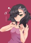  1girl asymmetrical_bangs bangs black_hair black_nails blush breasts closed_mouth commentary_request dress green_eyes hands_up highres mary_(pokemon) medium_hair one_eye_closed pink_dress pokemon pokemon_(game) pokemon_swsh red_background shiny shiny_hair solo umiru upper_body 