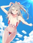 1girl bikini blue_sky clouds collarbone commentary_request cowboy_shot day dutch_angle flat_chest grin hachimaki headband high_ponytail highres kantai_collection long_hair looking_at_viewer ocean outdoors outstretched_arms shingyo side-tie_bikini sky smile solo striped striped_bikini swimsuit zuihou_(kantai_collection) 