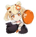  1girl anger_vein angry animal_ears arknights bear_ears black_shirt blonde_hair candy_hair_ornament closed_mouth commentary eyebrows_visible_through_hair food_themed_hair_ornament frown frying_pan gummy_(arknights) hair_ornament highres holding_frying_pan looking_at_viewer medium_hair orange_eyes sailor_collar school_uniform serafuku shirt simple_background sketch solo soyoong_jun twintails upper_body white_background 