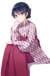  1girl bangs black_hair blush bow braid brown_bow brown_hakama chiune_(yachi) closed_mouth eyebrows_visible_through_hair hair_between_eyes hair_bow hakama highres japanese_clothes kimono long_sleeves looking_at_viewer mole mole_under_eye print_kimono red_bow shadow sitting smile solo suenobu_itsuki tsumugu_otome_to_taishou_no_tsuki violet_eyes white_background white_kimono wide_sleeves yagasuri 