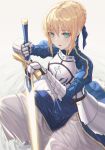  1girl absurdres aqua_eyes armor armored_dress artoria_pendragon_(all) bangs blonde_hair blue_dress blue_ribbon braid breastplate dress eichi_(skskdi12z) eyebrows_visible_through_hair fate/stay_night fate_(series) faulds gauntlets glowing glowing_sword glowing_weapon hair_bun hair_ribbon highres holding holding_sword holding_weapon juliet_sleeves long_sleeves looking_at_viewer puffy_sleeves ribbon ripples saber short_hair sidelocks solo sword water weapon wet wet_clothes wet_dress 