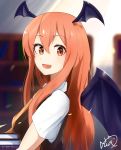  absurdres bangs bat_wings black_dress book bookshelf collared_shirt demon_girl demon_wings dress eyes_visible_through_hair fang head_wings highres holding holding_book koakuma library long_hair looking_at_viewer looking_to_the_side red_eyes redhead shirt short_sleeves succubus sunlight tobiuo_(fchain82) touhou vest white_shirt wings 