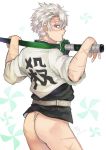  1boy artist_name ass contrapposto cowboy_shot dated facial_scar forehead_scar fundoshi highres japanese_clothes kimetsu_no_yaiba looking_back male_focus male_underwear msn_png no_pants over_shoulder parted_lips patterned_background pinwheel rokushaku_fundoshi scar shinazugawa_sanemi simple_background solo sword sword_over_shoulder underwear weapon weapon_over_shoulder white_background white_hair 