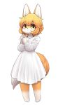  1girl animal_ears blush bra_strap brown_eyes brown_hair closed_mouth collarbone dress eyebrows_visible_through_hair fox_ears fox_girl fox_tail furry hands_clasped highres jupiter_europe looking_at_viewer original own_hands_together short_hair smile solo tail white_dress 