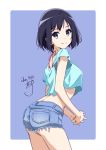  1girl ass black_hair blue_eyes denim denim_shorts hands_clasped highres looking_at_viewer looking_back midriff original own_hands_together pocket shirt short_hair shorts signature smile 