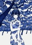  1girl absurdres black_hair blue_eyes blue_nails blue_theme breasts china_dress chinese_clothes double_bun dress feet_out_of_frame highres huge_filesize medium_breasts monochrome original solo tree zinbei 