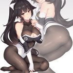  1girl azur_lane black_hair bodystocking bow breasts brown_eyes cleavage_cutout commentary_request cowboy_shot elbow_gloves gloves grey_background hair_bow hair_flaps large_breasts logo long_hair looking_at_viewer multicolored_leotard multiple_views nidy pantyhose ponytail racequeen simple_background takao_(azur_lane) takao_(full_throttle_charmer)_(azur_lane) two-tone_leotard white_bow white_gloves zoom_layer 