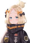  1girl abigail_williams_(fate/grand_order) absurdres bandaid_on_forehead bangs black_bow black_jacket blonde_hair blue_eyes blush bow breasts closed_mouth crossed_bandaids doctor_0927 fate/grand_order fate_(series) forehead hair_bow hair_bun heroic_spirit_traveling_outfit high_collar highres jacket long_hair long_sleeves looking_at_viewer multiple_bows orange_belt orange_bow parted_bangs simple_background small_breasts white_background 