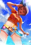  13_(spice!!) 1girl backlighting badge belt blue_sky bracelet brown_eyes brown_hair button_badge denim denim_shorts earrings highres idolmaster idolmaster_cinderella_girls jewelry looking_at_viewer looking_down midriff navel necklace open_mouth otokura_yuuki print_shirt shirt short_hair short_shorts short_sleeves shorts sky solo splashing t-shirt water 