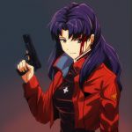  1girl artist_request bad_source bangs bleeding blood blood_drip blood_on_face brown_eyes closed_mouth cross cross_necklace eyebrows_visible_through_hair gradient gradient_background gun hair_over_shoulder handgun highres holding holding_gun holding_weapon hurt injury jacket jewelry katsuragi_misato long_hair long_sleeves looking_at_viewer necklace neon_genesis_evangelion open_clothes open_jacket pistol purple_hair red_background red_jacket shadow solo tagme trigger_discipline very_long_hair weapon 