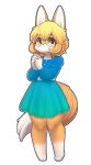  1girl animal_ears blue_dress blush bra_strap brown_eyes brown_hair closed_mouth collarbone dress eyebrows_visible_through_hair fox_ears fox_girl fox_tail furry glasses hands_clasped highres jupiter_europe looking_at_viewer original own_hands_together revision round_eyewear short_hair smile solo tail 