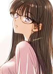  1girl bangs black-framed_eyewear breasts brown_hair commentary eyebrows_visible_through_hair from_side glasses himawari-san himawari-san_(character) long_hair looking_at_viewer parted_lips pink_shirt shirt signature simple_background sketch solo sugano_manami upper_body violet_eyes white_background 
