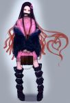  1girl absurdres bag black_coat bow coat dress fur_coat gradient_hair hair_bow handbag heart_hair highres kamado_nezuko kimetsu_no_yaiba long_hair looking_at_viewer multicolored_hair older pink_bow pink_eyes pink_sweater platform_boots rakugaki_suruhito solo standing sweater sweater_dress 